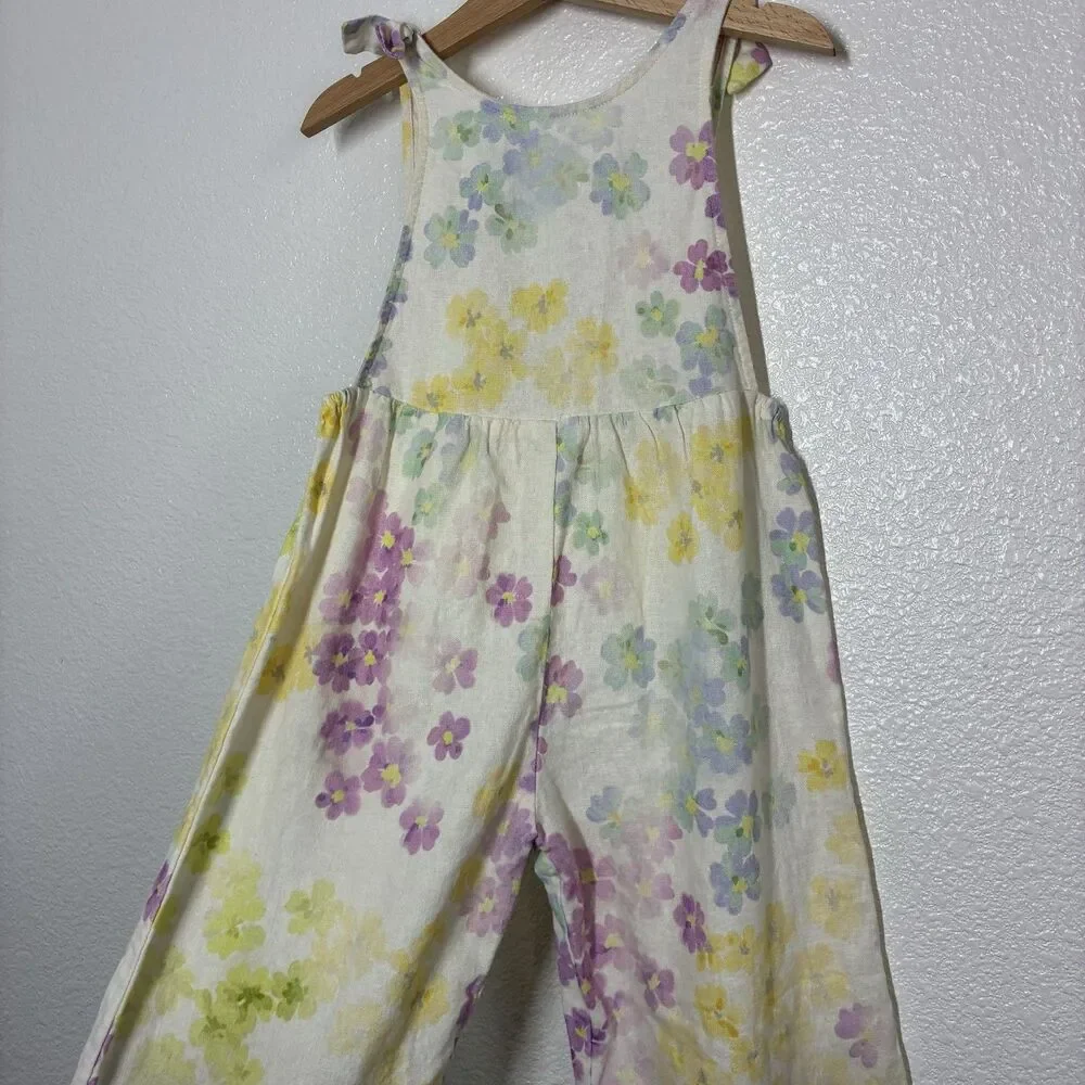 Zara Spain Jumpsuit Girls 5 Yellow Floral Linen Blend Tie Strap Summer One Piece
